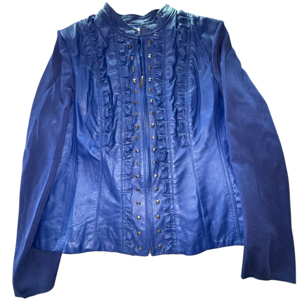 Peter Nygard Vibrant Blue Ruffle Leather Jacket M